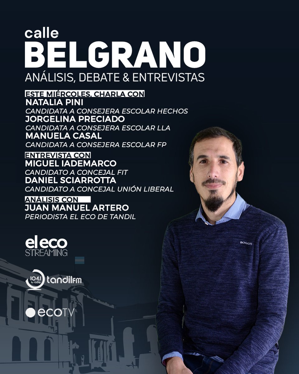 🗳️ #CalleBelgrano : hablamos del Consejo Escolar con candidatos de LLA, Hechos y Fuerza Patria; también entrevistas con los postulantes al Concejo por el FIT y Unión Liberal; además Juan Manuel Artero y su análisis de las plataformas 
🎙️Miércoles, 16 hs > youtube.com/@elecostreaming