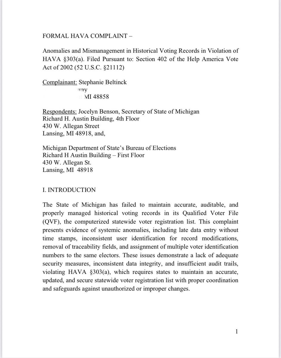 Stephie (@stephiebeltinck) on Twitter photo A HAVA complaint was filed today against Michigan Secretary of State Jocelyn Benson, with additional complaints expected from frustrated Michigan voters.
<a href="/HarmeetKDhillon/">Harmeet K. Dhillon</a>
<a href="/ODNIgov/">Office of the DNI</a>
<a href="/PatrickByrne/">Patrick Byrne</a>
<a href="/PatriotMarkCook/">Mark Cook</a>
<a href="/timlovesann/">Tim Vetter</a>
<a href="/atensnut/">Juanita Broaddrick</a>
<a href="/PeterBernegger/">Peter Bernegger</a>
<a href="/MichiganBraden/">Braden Giacobazzi</a> A HAVA complaint was filed today against Michigan Secretary of State Jocelyn Benson, with additional complaints expected from frustrated Michigan voters.
<a href="/HarmeetKDhillon/">Harmeet K. Dhillon</a>
<a href="/ODNIgov/">Office of the DNI</a>
<a href="/PatrickByrne/">Patrick Byrne</a>
<a href="/PatriotMarkCook/">Mark Cook</a>
<a href="/timlovesann/">Tim Vetter</a>
<a href="/atensnut/">Juanita Broaddrick</a>
<a href="/PeterBernegger/">Peter Bernegger</a>
<a href="/MichiganBraden/">Braden Giacobazzi</a>