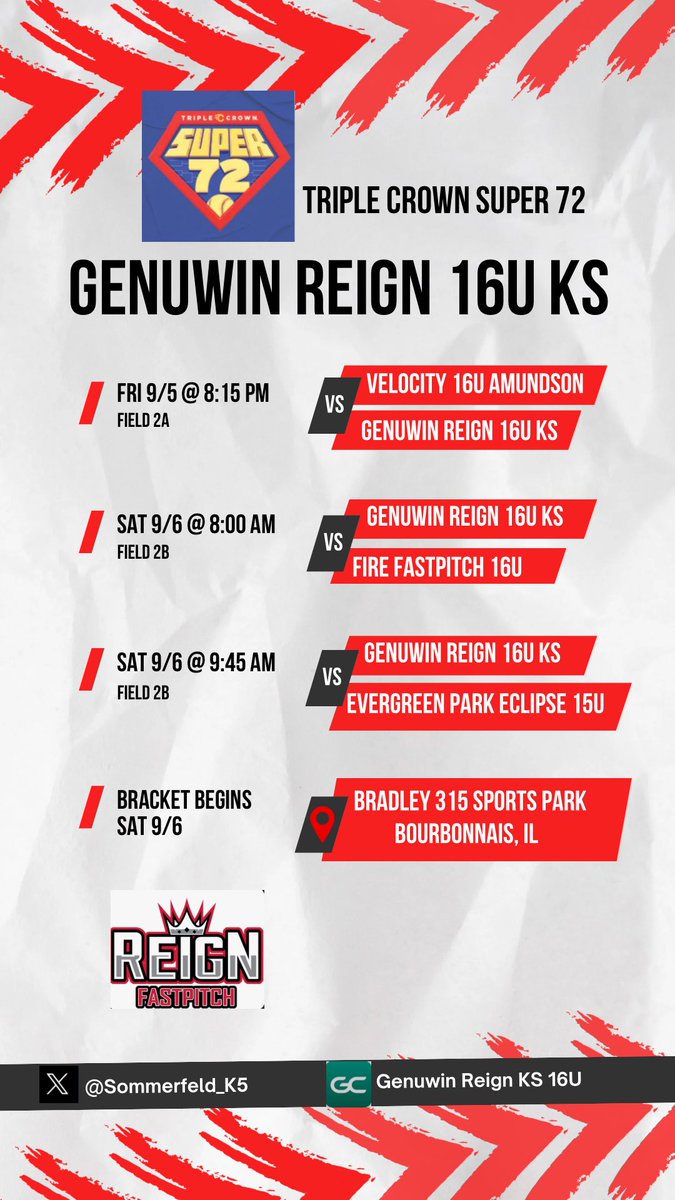 Excited for this weekend, TC Super 72 in Bradley, IL.

<a href="/sommerfeld_K5/">Genuwin Reign 16U KS</a> 
<a href="/GenuWinReign/">GenuWin Reign</a>
<a href="/TCSFastpitch/">TC Fastpitch</a>