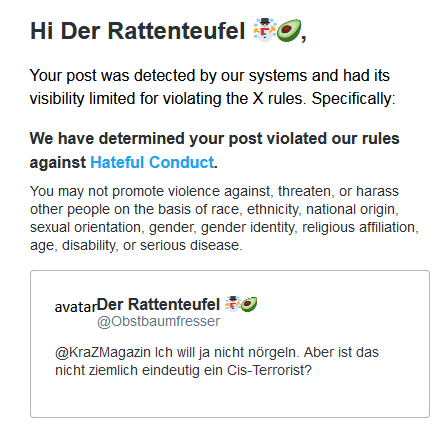 Hilfe, ich werde zensiert 👿

Ein Trans-Seemann ist jemand, der sich als Seemann identifiziert, aber eigentlich nie auf See war. Wer auf See ist, ist ein Cis-Seemann.
Die betreffende Person hier identifiziert sich nicht als Terrorist, sondern ist einer.
x.com/KraZMagazin/st…