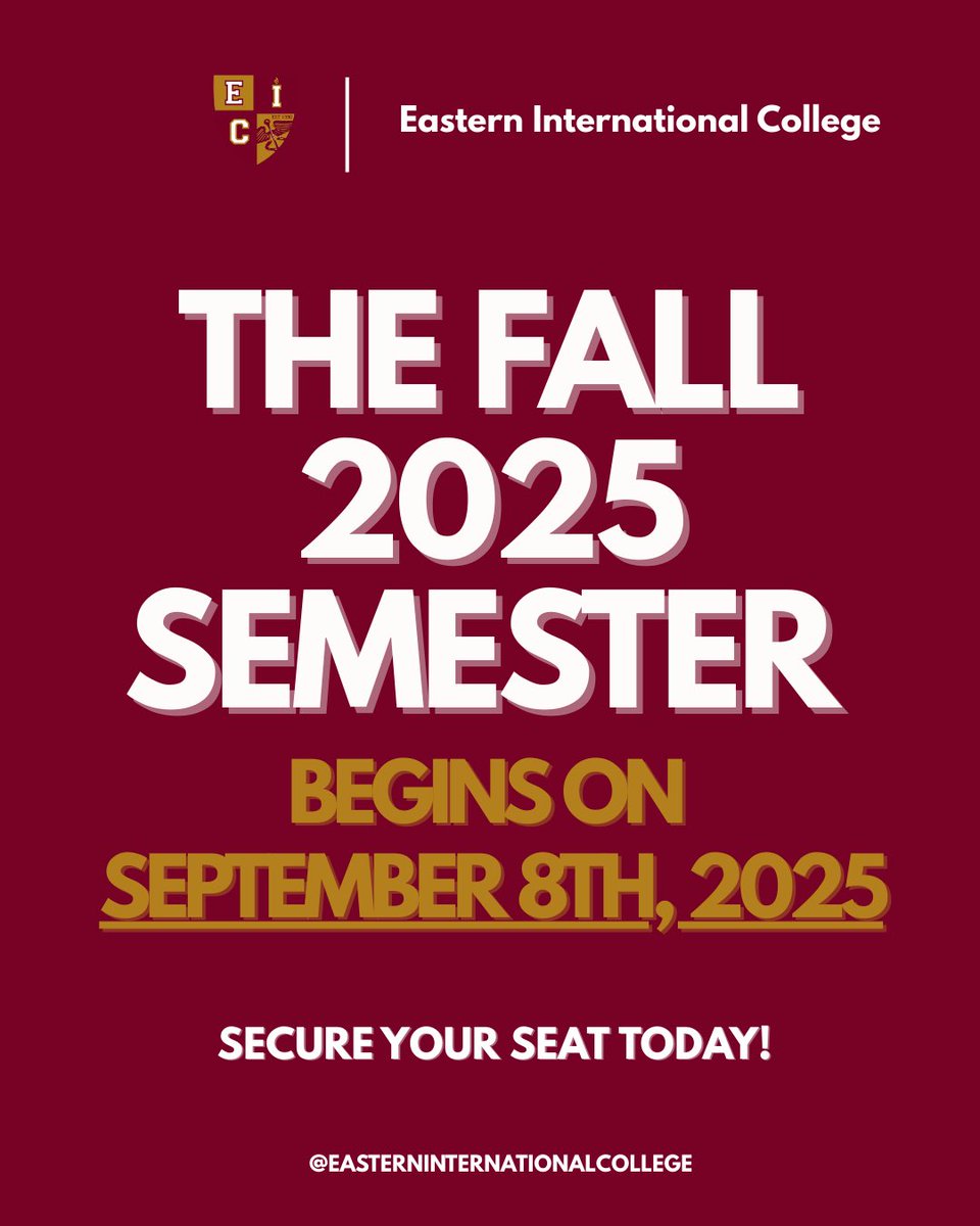 Submit your application for the Fall 2025 semester before time runs out! 

Classes begin on Monday, September 8th, 2025.

Email Leads@eicollege.edu to learn more about Eastern International College and our on-campus programs or to speak with one of our Admission Advisors today!