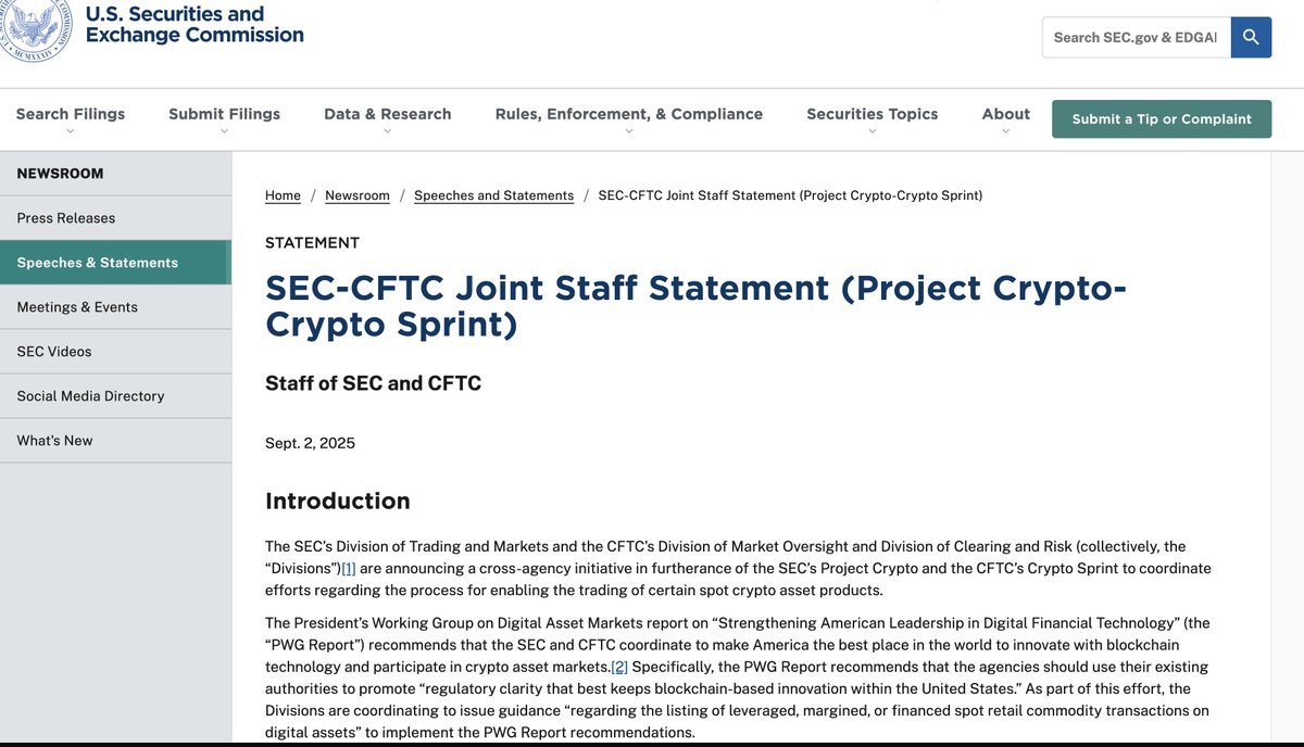 Project Crypto-Crypto Sprint에 대한 SEC-CFTC 공동 직원 성명서 스크린샷