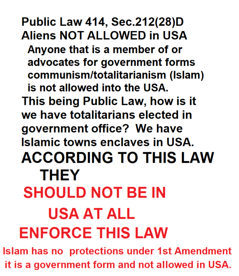 GailoNoMoreLies's tweet photo. @elonmusk In the #USA #ENFORCE immigration laws, "totalitarians" are not allowed into USA. Islam as #totalitarian members are subject to #LAWS contrary to USA. Islam has no protection FROM 1st Amendment it is a #Government controlling MEMBERS w/laws #FORCEFULLY https://t.co/9Y40LRKE3R