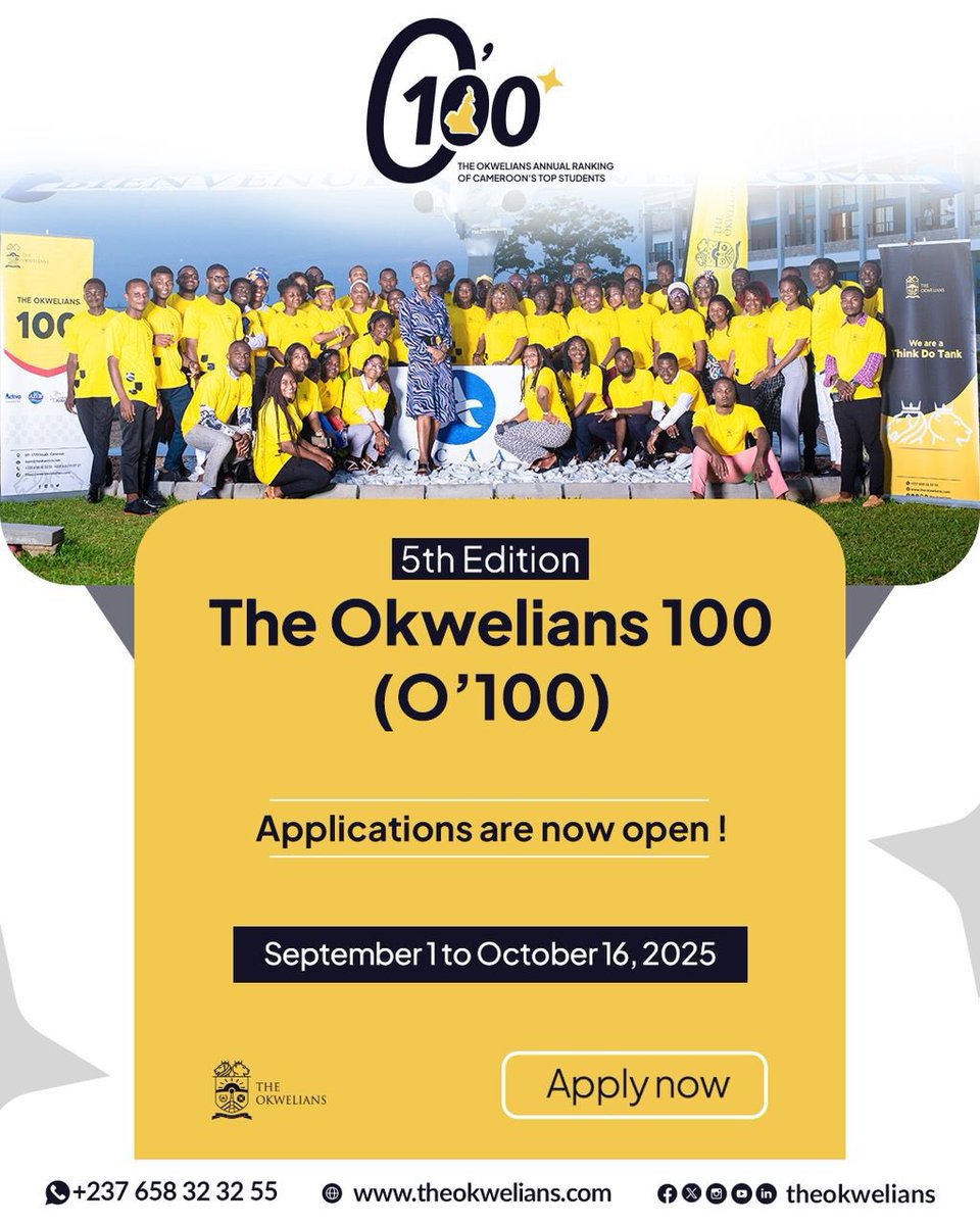 The Okwelians is launching the call for applications for the 5th edition of the Okwelians 100 programme.

👉 Interested? Discover the eligibility criteria and submit your application here: theokwelians.com/o100-2025

#O1002025 #YouthEmployability #Youth #Excellence #Cameroon