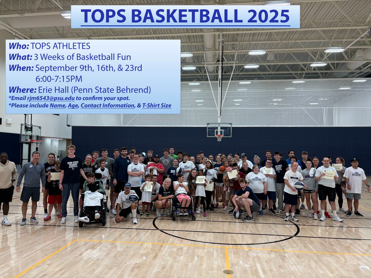 Behrend Basketball (@psbhoops) on Twitter photo Calling all TOPS Athletes.
There is still one week left to register for the 2025 TOPS Basketball program. Please email rjm6543@psu.edu with any questions.
We look forward to seeing everyone next Tuesday! Calling all TOPS Athletes.
There is still one week left to register for the 2025 TOPS Basketball program. Please email rjm6543@psu.edu with any questions.
We look forward to seeing everyone next Tuesday!