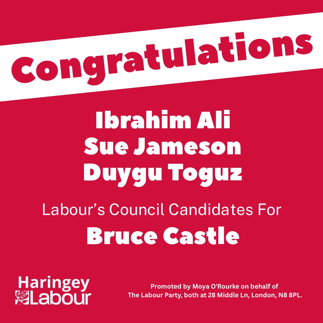 Congratulations to:

🌹 Ibrahim Ali
🌹 Sue Jameson
🌹 Duygu Toguz

who have been selected to be your Labour candidates for Bruce Castle ward