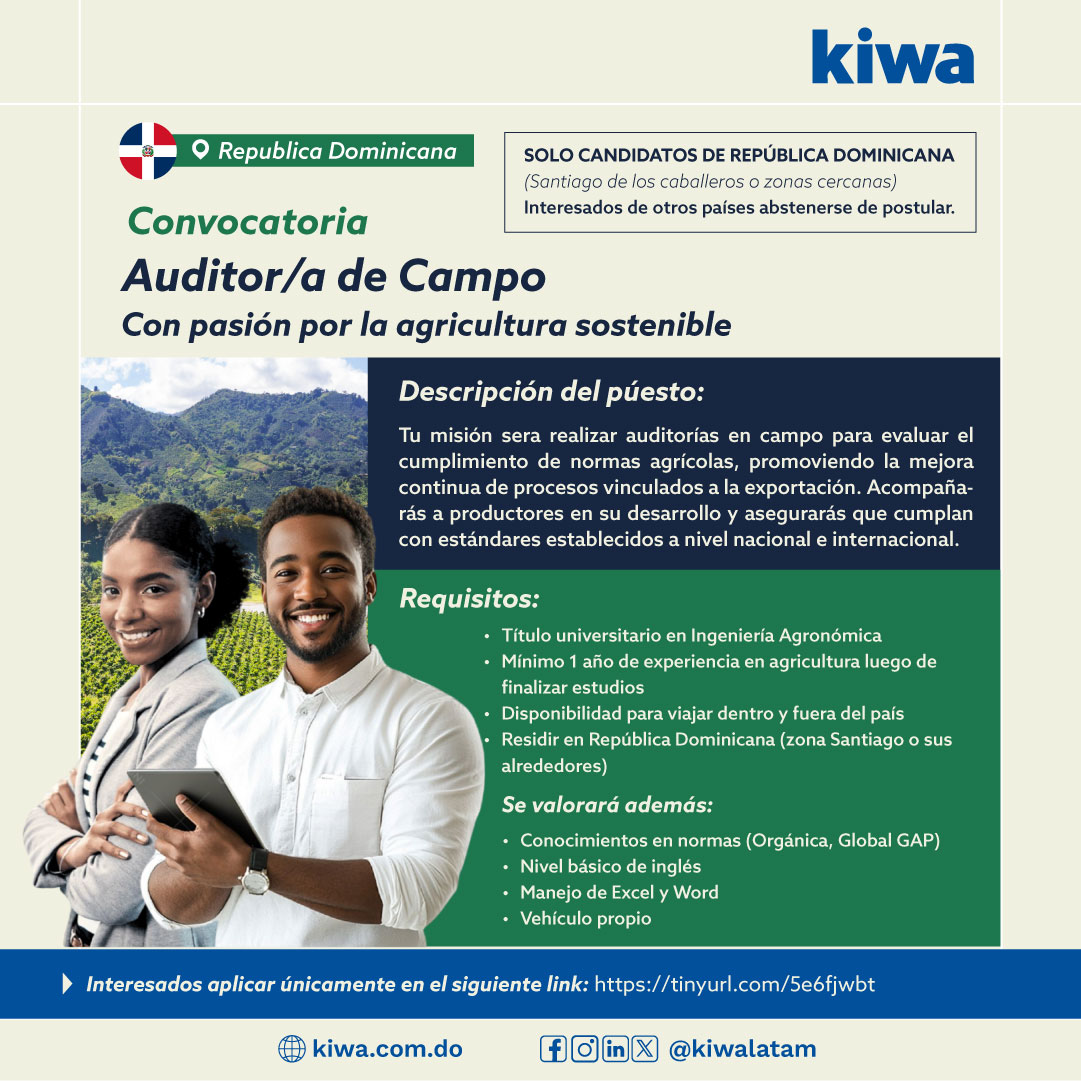Buscamos Auditor/a de Campo

Solo candidatos Republica Dominicana (Santiago/alrededores)

Transforma fincas dominicanas en referentes de calidad internacional.
✅ Santiago, RD 
✅ Ing. Agrónomo
✅ 1 año experiencia post-estudios 

 Postúlate: tinyurl.com/5e6fjwbt

#kiwa