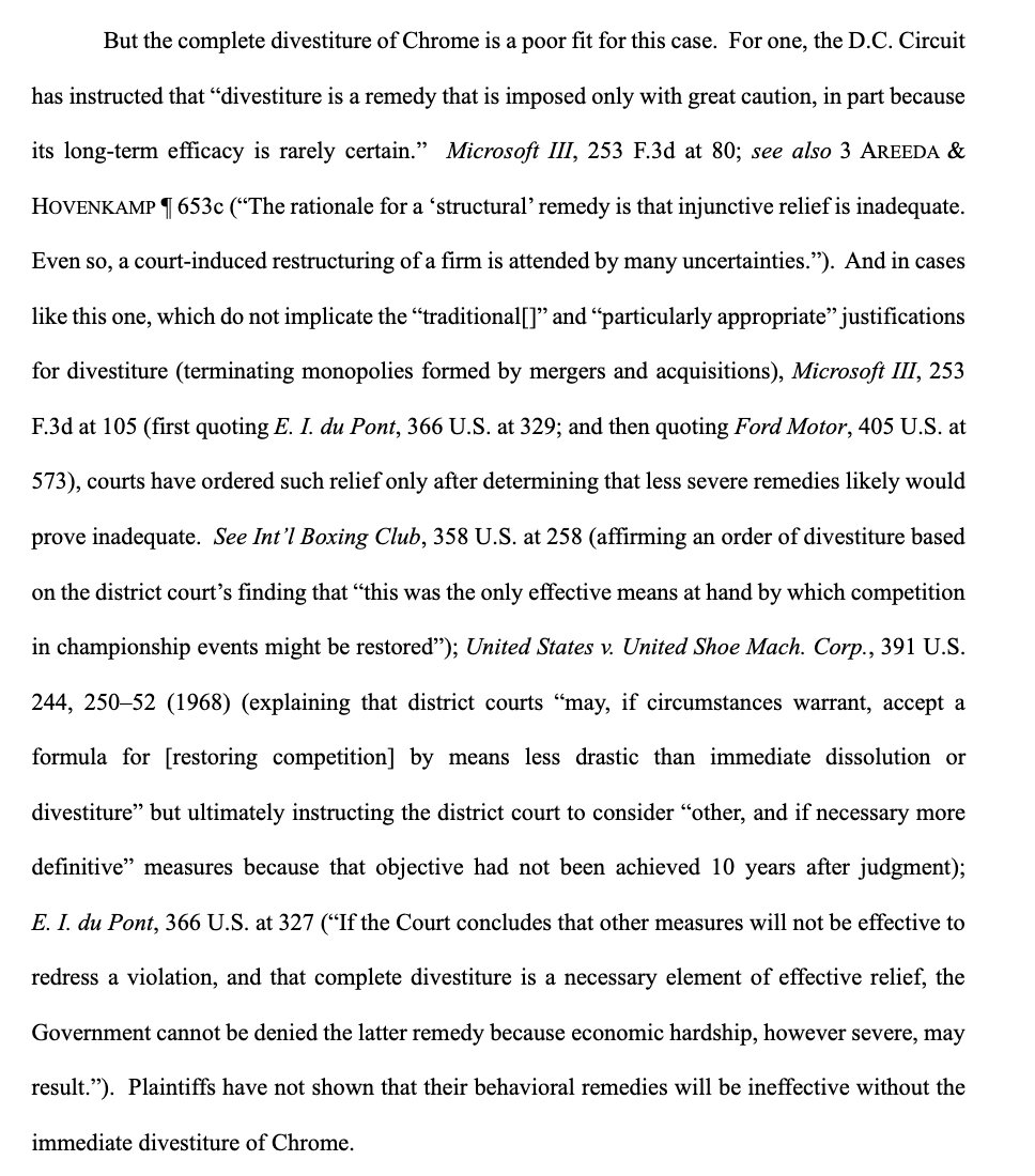ddayen's tweet photo. Judge Mehta on the proposed Chrome divestiture as a remedy in Google's monopolization case:
1-Chrome definitely contributes to Google's search monopoly
2-It's not even as radical as the Microsoft proposed remedy
3-It would hardly break up the company
4-But let's not do it https://t.co/Tir4ziSiOO