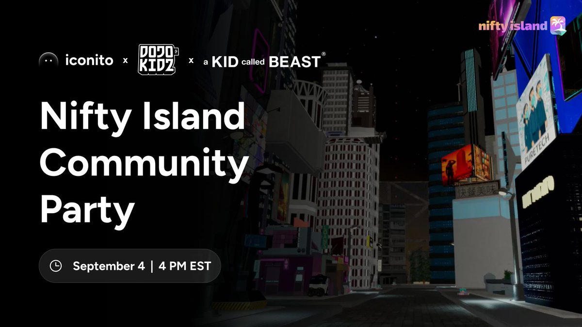 iconito (@iconitonft) on Twitter photo Nifty Island | Cross-Community Event 🌴🏴
This Thursday, the shadows step out of the Void. iconito world opens its gates for a clash with <a href="/akidcalledbeast/">a KID called BEAST</a> & <a href="/Dojo_Kidz/">Dojo Kidz</a> ❤️🔥
📅 Sept 4, 4PM EST
📍 <a href="/Nifty_Island/">Nifty Island 🏝</a>
More info in Discord. Bring your best game 🖤 Nifty Island | Cross-Community Event 🌴🏴
This Thursday, the shadows step out of the Void. iconito world opens its gates for a clash with <a href="/akidcalledbeast/">a KID called BEAST</a> & <a href="/Dojo_Kidz/">Dojo Kidz</a> ❤️🔥
📅 Sept 4, 4PM EST
📍 <a href="/Nifty_Island/">Nifty Island 🏝</a>
More info in Discord. Bring your best game 🖤