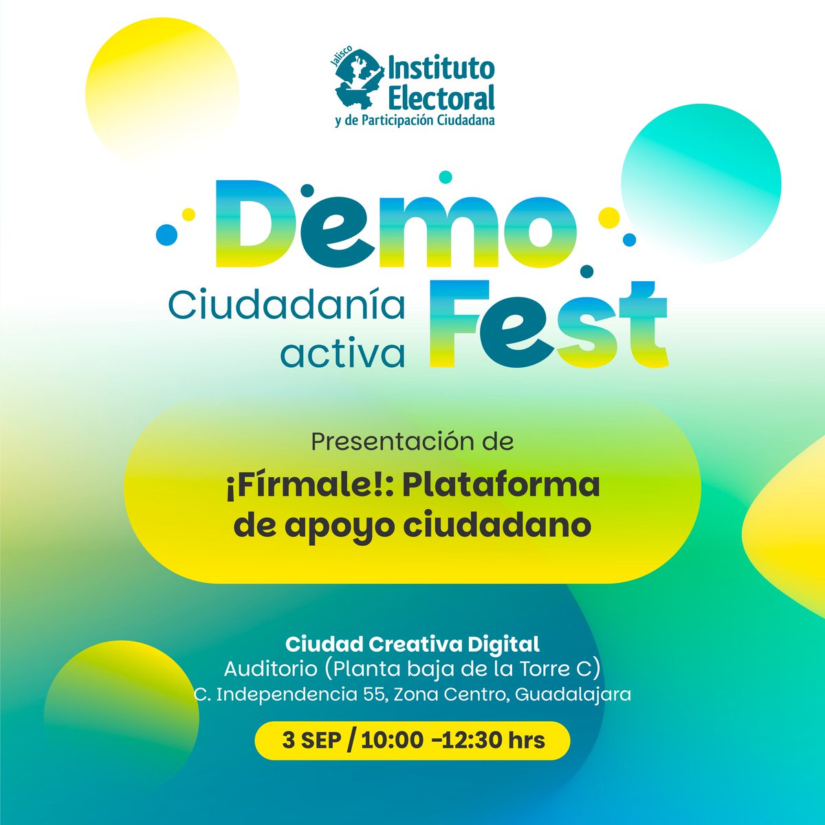 🗣️¡Haz que tu voz cuente!
El <a href="/iepcjalisco/">IEPC Jalisco</a> lanza oficialmente ¡Fírmale!, la plataforma que facilita  la recolección de firmas para activar mecanismos de participación ciudadana.
 
🗓️3 de septiembre
 ⏰10:00 h
Ciudad Creativa Digital Auditorio planta baja torre C