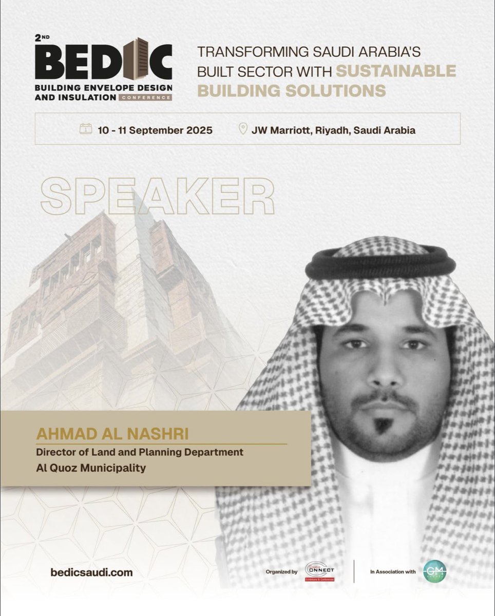 🏙️ سأكون متحدثاً في BEDIC الرياض 2025!
جاهز لمناقشة مدننا الذكية والمستدامة وبناء مستقبل عمراني أفضل.
📅 10–11 سبتمبر |    📍جي دبليو ماريوت، الرياض

#مدن_مستدامة #تخطيط_عمراني #BEDIC2025 #الرياض