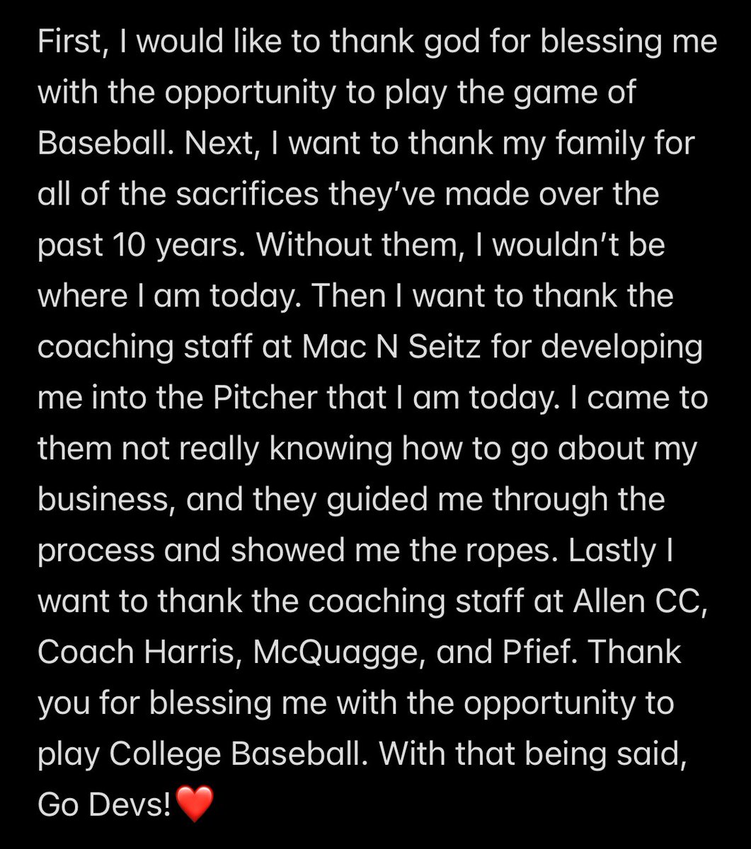After a great talk with <a href="/JustCallMe_Duce/">Trey Harris</a>, I am blessed to announce my commitment to play JUCO Baseball <a href="/Allen_County/">Red Devil Baseball</a>! Thank you to everybody who has supported me along this journey! ❤️❤️

<a href="/PrepBaseballMO/">Prep Baseball Missouri</a> <a href="/PHS_stitchball/">PHSBaseball/Softball</a> <a href="/NikolausCrouch/">Nikolaus Crouch</a> <a href="/ljhatchpb/">LJ Hatch Prep Baseball KC</a> <a href="/PB_JUCO/">Prep Baseball JUCO</a>