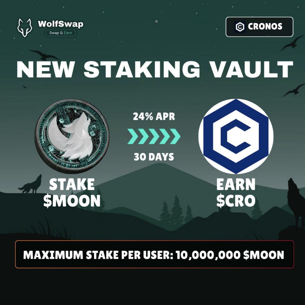 The future is HERE! 

Earn CRO while holding $MOON, was never more real than NOW! 

500M $MOON slot, with 10M $MOON limit per user! 

First of many 30-day vaults!