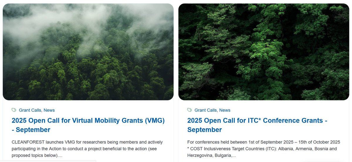 CLEANFOREST COST Action (@ca_cleanforest) on Twitter photo We are back from holidays with good news: the calls for the grants are open!
Go to cleanforest.eu/category/news/… and apply for a virtual mobility grant, an ITC Conference Grant or a Young Researcher and Innovator (YRI) Conference Grant.
#funding #youngresearchers #mobility #conference We are back from holidays with good news: the calls for the grants are open!
Go to cleanforest.eu/category/news/… and apply for a virtual mobility grant, an ITC Conference Grant or a Young Researcher and Innovator (YRI) Conference Grant.
#funding #youngresearchers #mobility #conference