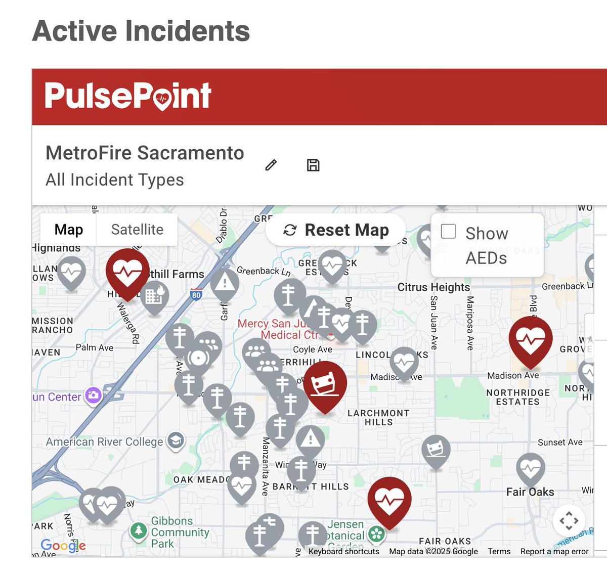 MikeHazlip's tweet photo. @KCRAHeather @kcranews Reports of wires down on PulsePoint are all in a corridor that touches parts of Carmichael, Fair Oaks, Citrus Heights, Foothill Farms, and North Highlands. I counted 15 reports just in that area alone centered around Madison and Manzanita. They came in about the same time. https://t.co/fhdzy5tx7c