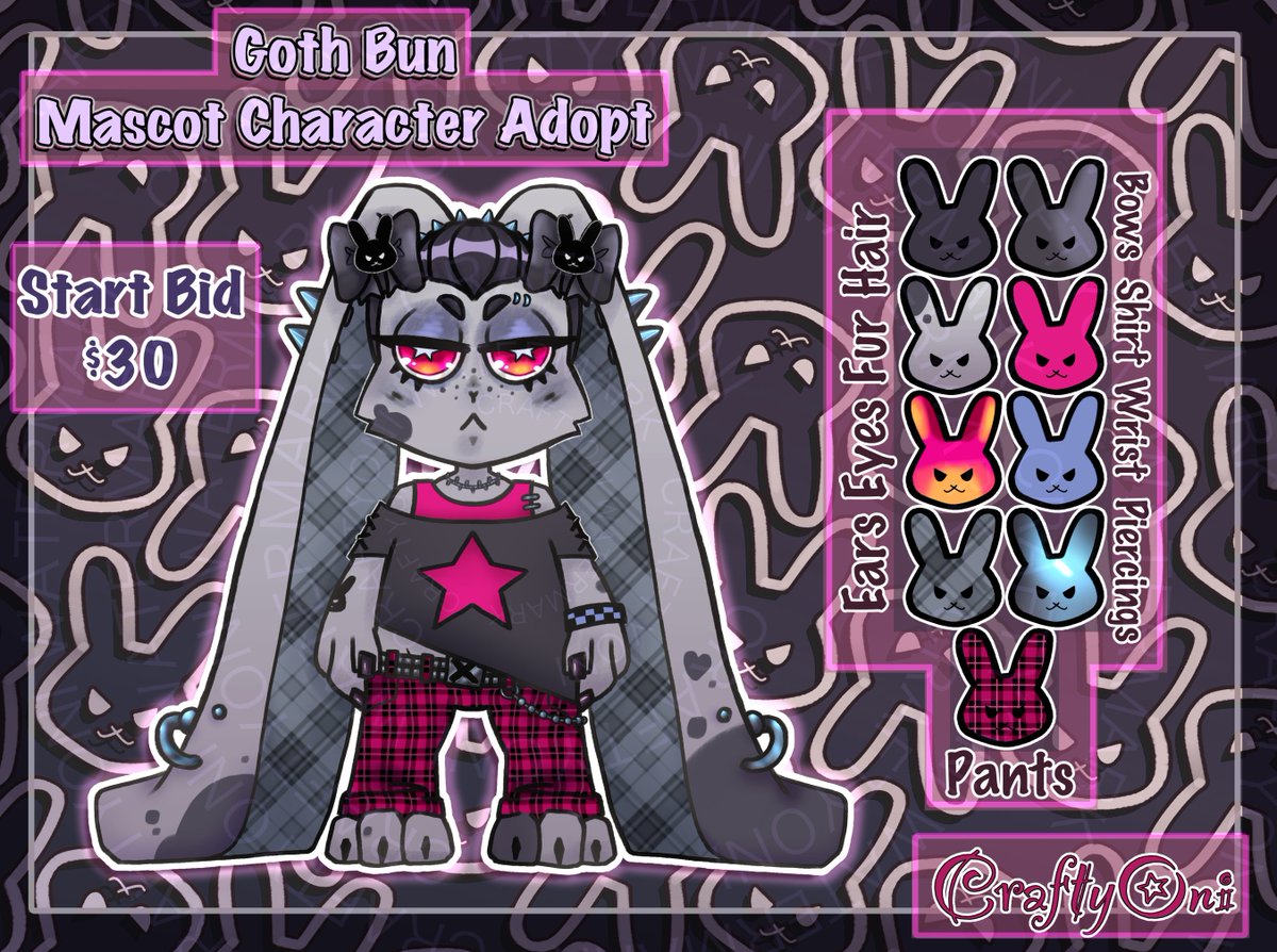 ⭐️Goth Bunny⭐️
Auction ends 48h after last bid
MI: 5
SB: 35
Bid in 🧵!
Notes:
- I can do small changes upon purchase, ie colors and small details
- After payment (Ko-Fi preferred) we'll finalize and I'll send unwatermarked version
- Comm. use allowed! All I ask is design credits