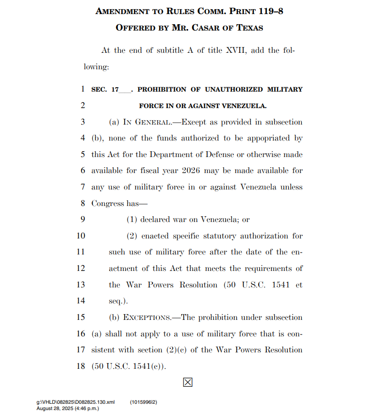 🚨🆕 <a href="/RepCasar/">Congressman Greg Casar</a> of <a href="/USProgressives/">Progressive Caucus</a> has introduced an amendment to the #NDAA Pentagon bill requiring <a href="/POTUS/">President Donald J. Trump</a> to follow the Constitution &amp; War Powers Act:

The amendment simply says that Congress must vote before Trump sends our troops into danger in Venezuela — as required by law.