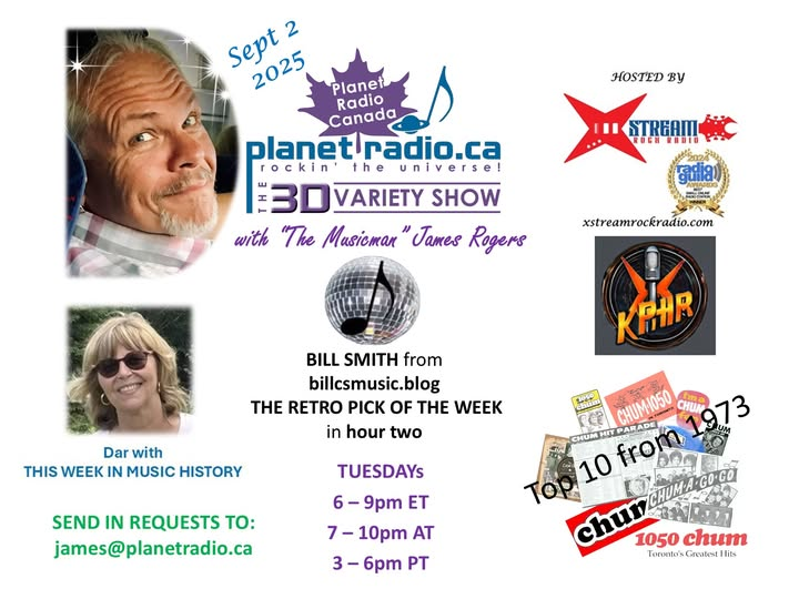 PlanetRadioCAN's tweet photo. Coming up at 6pm EST, The 3D Variety Show is back with 3 hours of cool tunes! Dar has This Week in Music History, @billcs has his Retro Pick of the Week, and Bill joins The Musicman in hour 3 for a "revised" Toronto Top 10 Singles of 1973 https://t.co/h114WDEMyp https://t.co/z1OaqVV8Pp