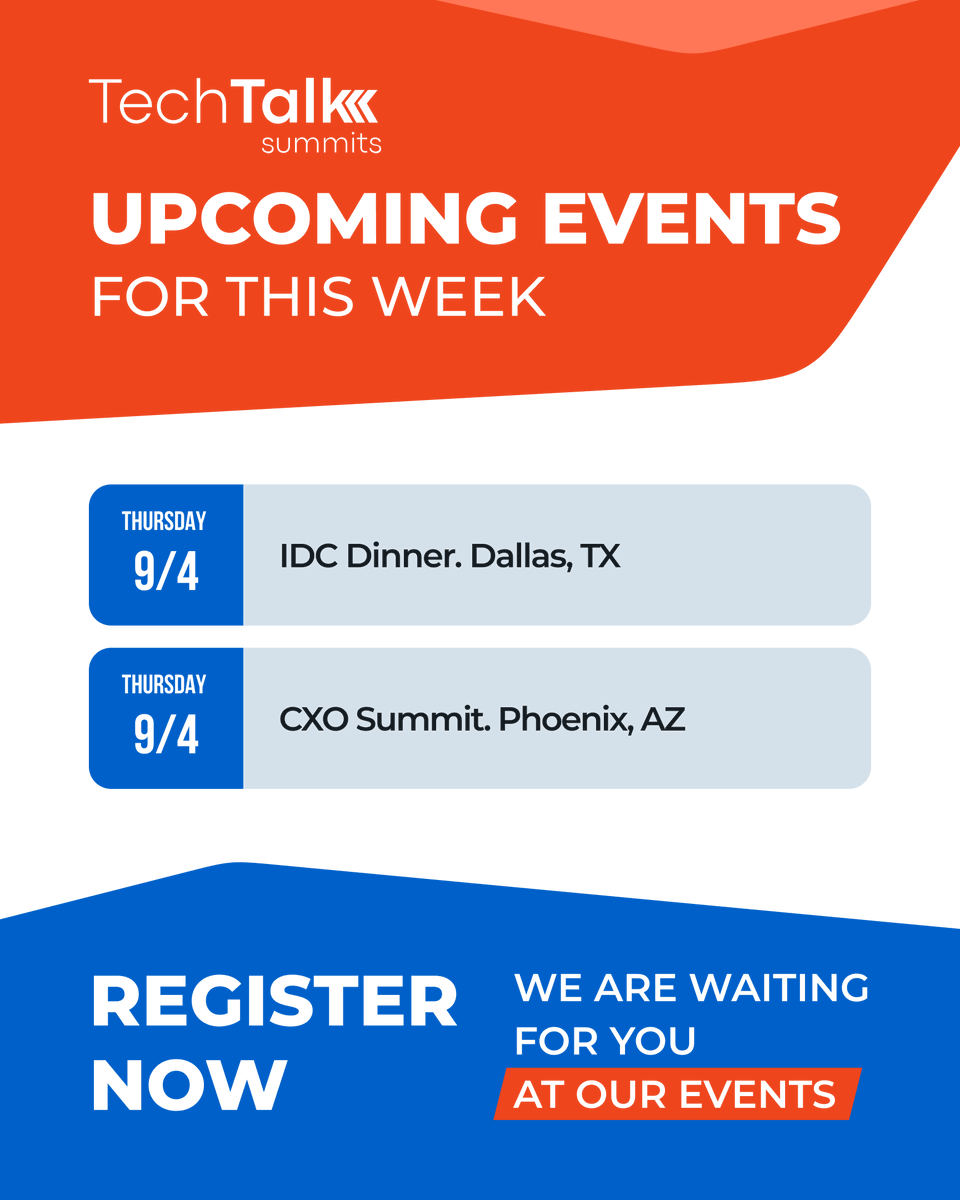 techtalksummits's tweet image. Good Afternoon from #TechTalkSummits. We hope everyone had a fantastic Labor Day! Coming up this week:

Thursday 9/4 - IDC Dinner - Dallas, TX
Thursday 9/4 - CXO Summit - Phoenix, AZ

It&apos;s not too late to register! Check the links provided below for more information.

Dallas IDC…