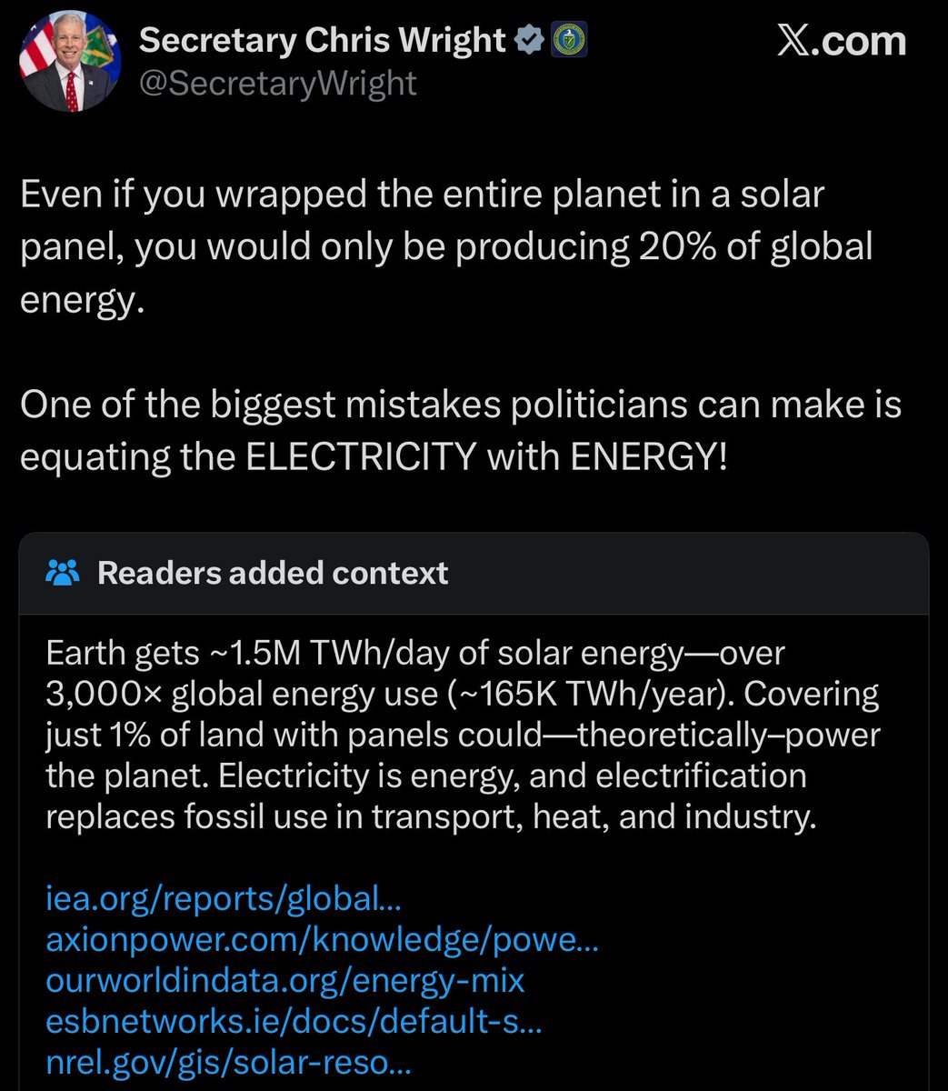 TheMaineWonk's tweet image. This is Trump’s Secretary of Energy being community noted on solar power.
😮💨🤌🏻