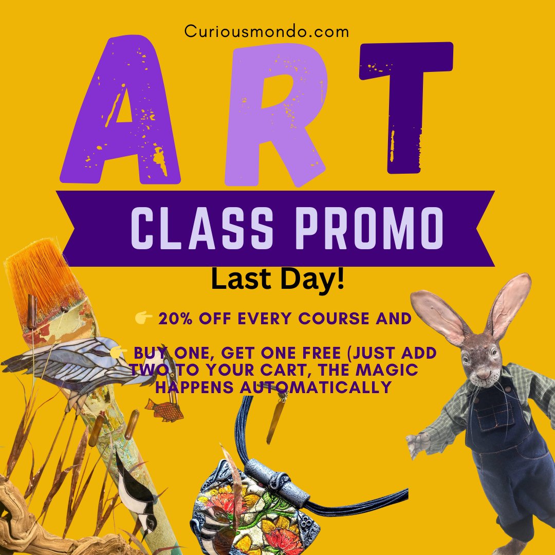curiousmondo's tweet photo. Last day to take advantage of this promo: You buy a course get 20% off plus choose another one for free. #artclass #artclasses #findhobby #fusedglass #sculpting #fiberart https://t.co/POoo16h15R