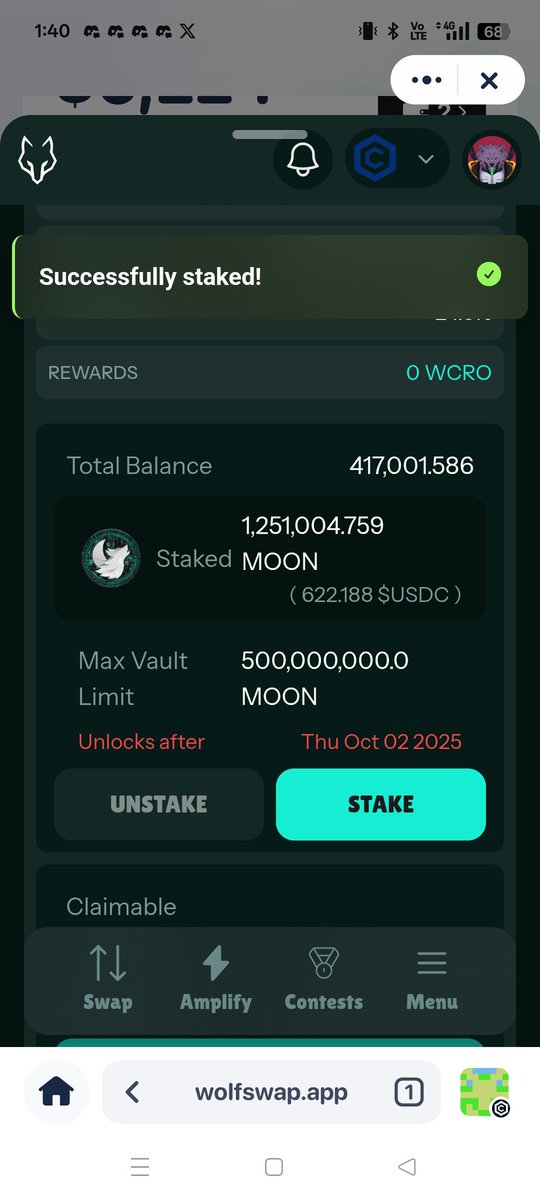 The future is HERE!  The NEW staking vault is LIVE! Earn CRO by staking $MOON at 24% APR for 30 days! Max stake: 10M $MOON! I’ve staked mine—join me! 
 x.com/wolfswapdotapp…

Note: 30-day $MOON-$MOON vaults are now CLOSED, rewards ongoing!

#MakeCroGreatAgain #Wolfswap #Moon