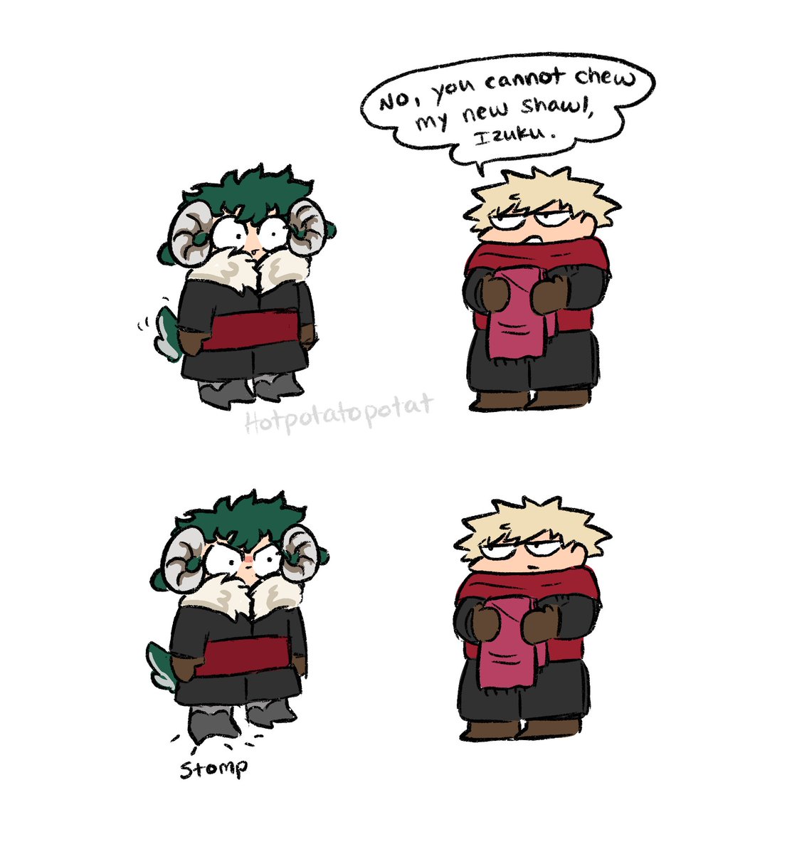 HotPotatoPotat's tweet photo. bakugou tells ram deku 'no' and ramku makes a big stomp. he means business. https://t.co/BkqaDaSNuN