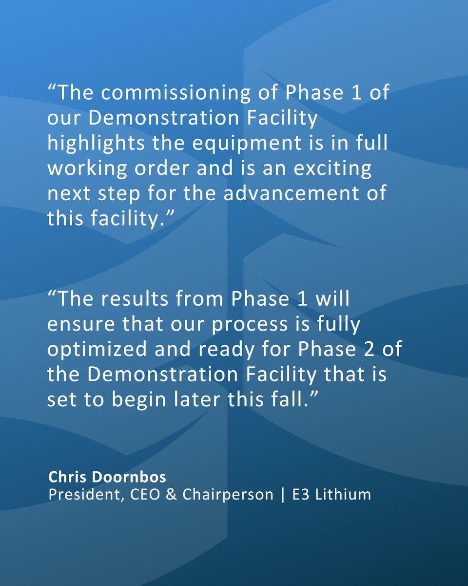 #LithiumNews – E3 Lithium announces that commissioning of Phase 1 of the Demonstration Facility is underway and on schedule.

Key highlights include:
◾ Commissioning of Phase 1 has begun with brine introduced into the DLE system
◾ High-quality lithium chloride production will