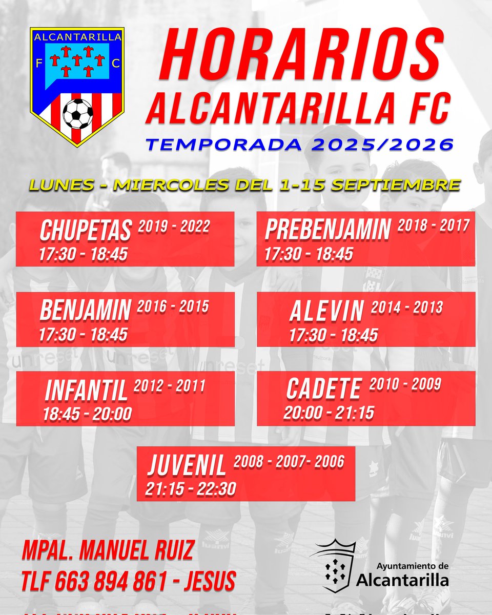 Alcantarilla FC (@alcantarillafc) on Twitter photo โฝ ๐๐๐ก๐ง๐๐ฅ๐ ๐๐๐๐๐ก๐ง๐๐ฅ๐๐๐๐ ๐๐
Horarios del Alcรกntarilla FC Cantera para los primeros 15 dรญas del mes de Septiembre!!
โถ๏ธ Te esperamos en el Polideportivo Municipal Manuel Ruiz!
Mรกs informaciรณn en el cartel y al โ๏ธ 663 894 861
#volverasoรฑar โฝ ๐๐๐ก๐ง๐๐ฅ๐ ๐๐๐๐๐ก๐ง๐๐ฅ๐๐๐๐ ๐๐
Horarios del Alcรกntarilla FC Cantera para los primeros 15 dรญas del mes de Septiembre!!
โถ๏ธ Te esperamos en el Polideportivo Municipal Manuel Ruiz!
Mรกs informaciรณn en el cartel y al โ๏ธ 663 894 861
#volverasoรฑar