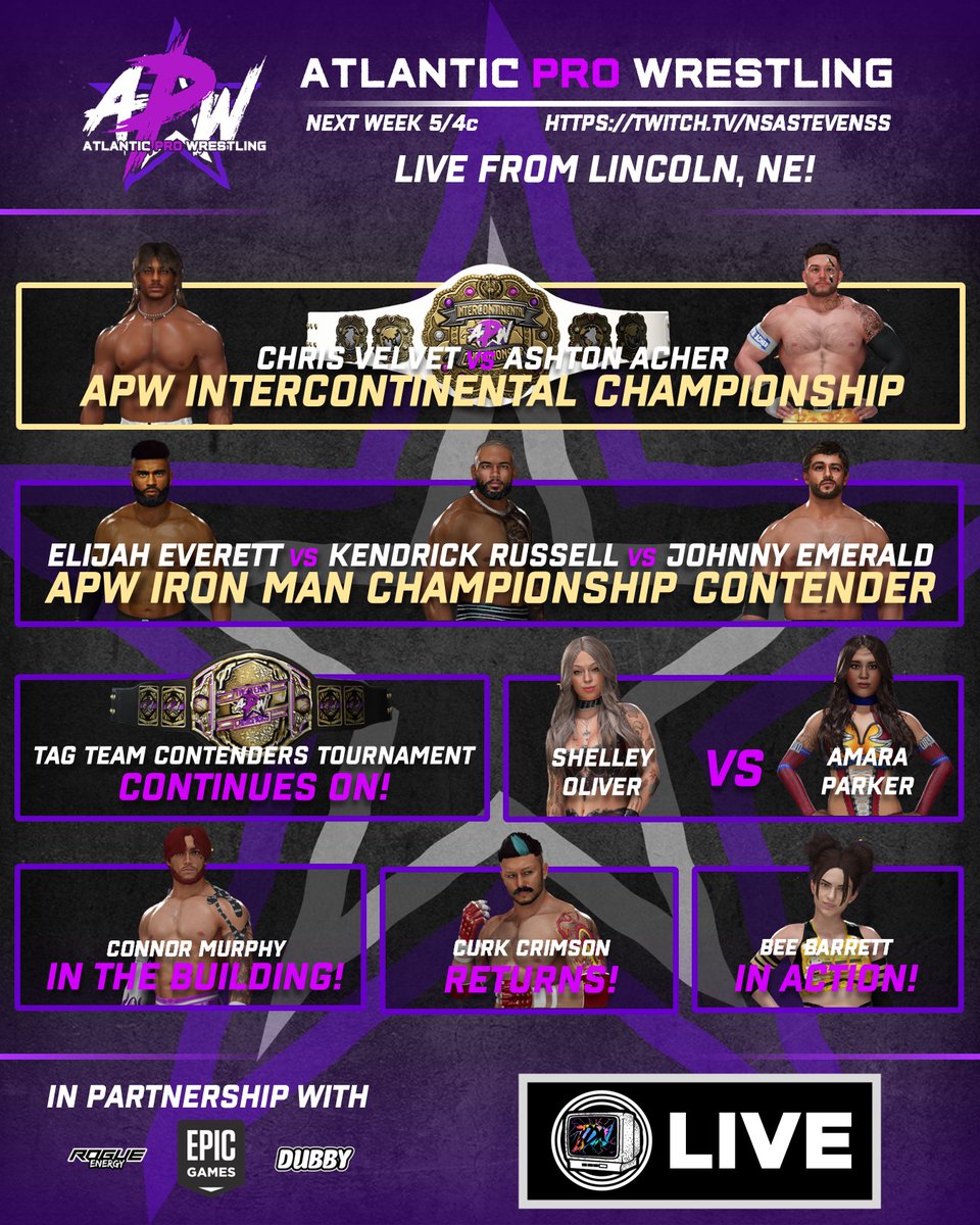 💜APW: Ep. 16💜

🏆APW Intercontinental Championship
⚔️Everett vs Russell vs Emerald
🤼‍♂️Tag Team Tournament Continues
📌Oliver vs Parker
🌈Connor Murphy in the Building
⭐️Curk Crimson RETURNS
🐝Bee Barrett in Action

#WWE2K25 
🗓️TOMORROW🗓️
🕓4pm CST🕓
➡️Twitch.tv/nsastevenss⬅️