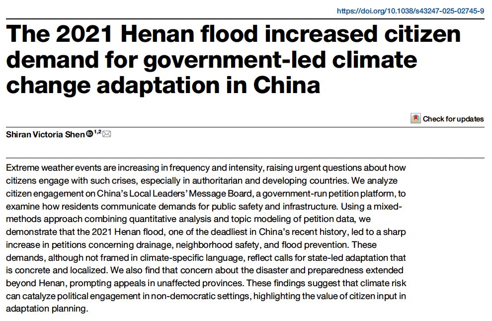 🚨New Article🚨

Most climate adaptation research focuses on developed democracies where voter voices matter.

What happens after a major climate disaster in developing and authoritarian contexts?

My new study <a href="/NaturePortfolio/">Nature Portfolio</a>’s <a href="/CommsEarth/">Communications Earth & Environment</a> examines how citizens made adaptation