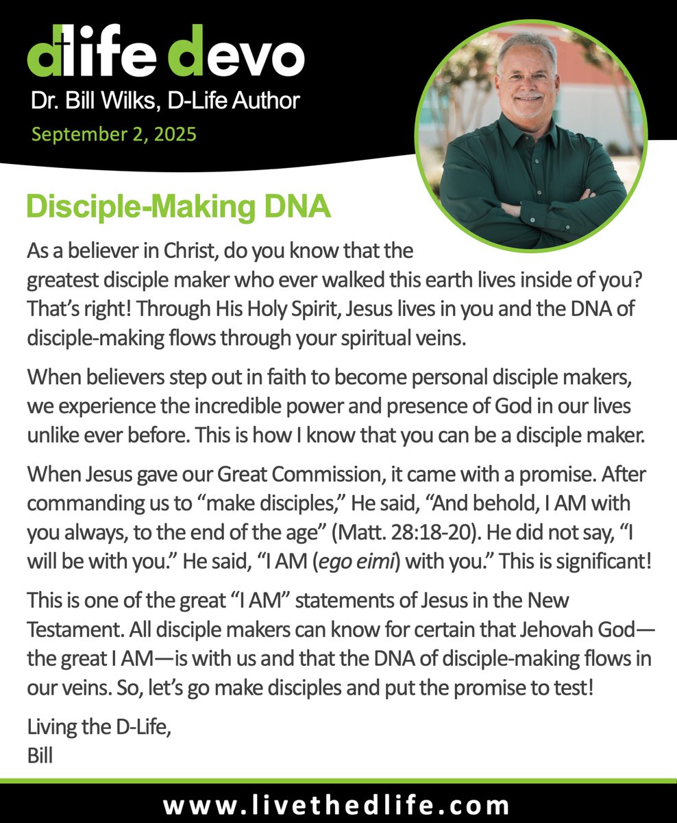 D-LIFE DEVO: "Disciple-Making DNA" (9/02/2025)
For more on D-Life or D-Life Training, go to: livethedlife.com
#dlife #disciplemaking #makedisciples #discipleship #evangelism #thegreaterwork