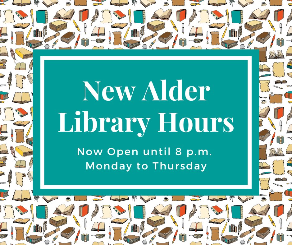 With the start of another school year, the Alder St. Library will have evening hours Monday to Thursday.
Monday to Thursday - 10 a.m. to 8 p.m.
Friday - 10 a.m. to 6 p.m.
Saturday - 9 a.m. to 5 p.m.
Sunday - 12 p.m. to 4 p.m.