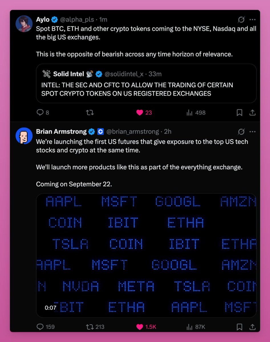 AAPL、MSFT、GOOGL、AMZN、COIN、IBIT、ETHA、TSLAなどのTradFiと暗号のティッカーが融合したデジタル表示