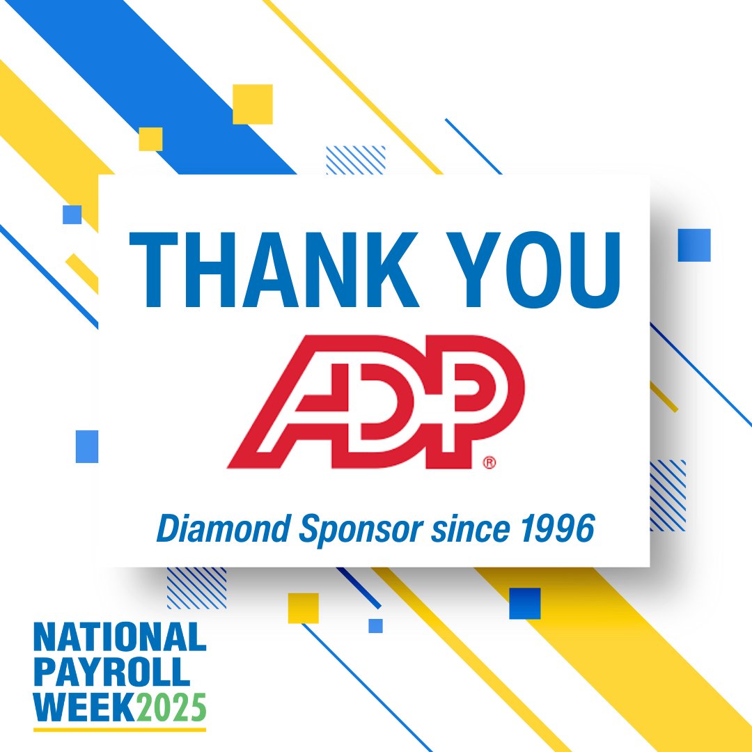 PayrollOrg's tweet photo. A huge shout-out to @ADP! They've been the Diamond Sponsor of NPW since day one in 1996.
Let's show them some love! Like and share this post to join us in saying thank you. https://t.co/JWlvcFAOrC #PayrollWeek https://t.co/K45AO7jCBW