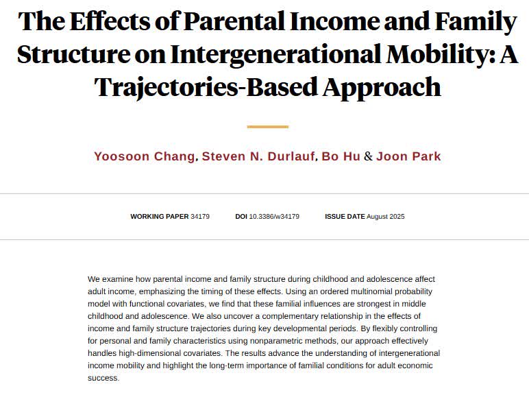 Providing a general framework for understanding how trajectories of family income and family structure affect adult outcomes, from Yoosoon Chang, <a href="/sndurlauf/">Steven N. Durlauf</a>, Bo Hu, and Joon Park nber.org/papers/w34179