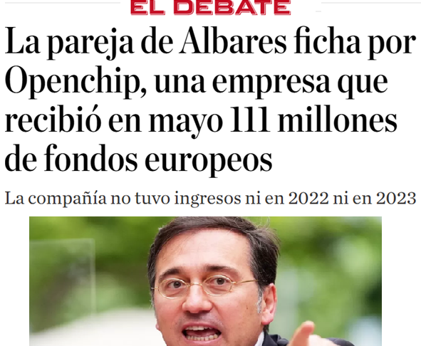 Una empresa sin apenas ingresos durante años, hasta que de golpe ingresa 111 Millones € de fondos UE.

Y un mes después de la concesión de esos fondos UE, la pareja del ministro relacionado con esos fondos UE es fichada de vicepresidenta de la empresa.

Casualidades.