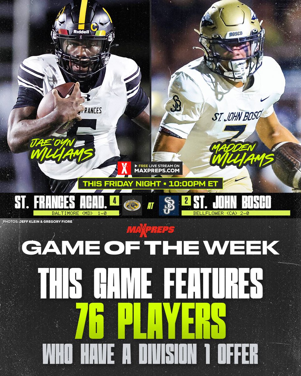 MaxPreps Game of the Week: No. 2 St. John  Bosco vs. No. 4 St. Frances Academy features 76 players with at least one Division I offer. 🔥🏈

Full list ⬇️
maxpreps.com/news/K7eiicema…