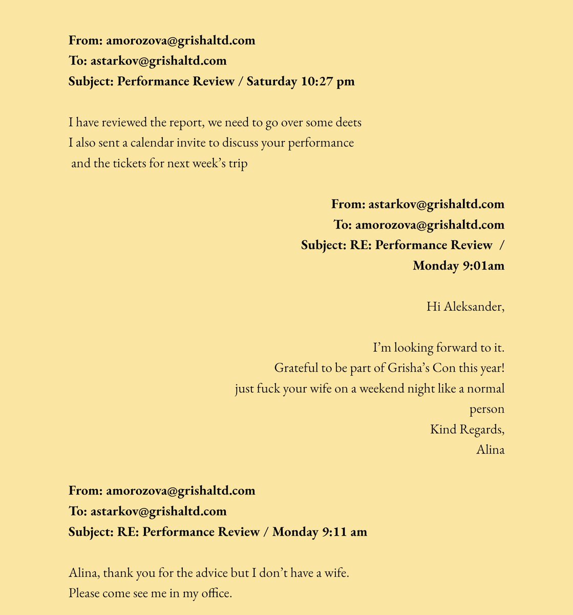 Aleksander is an asshole but thinks it’s his way of flirting, Alina hides some insults to him in her emails with a white font. 

It’s all fun until it isn’t.

4/4 

[to be continued] 

#Darklina2025 🌗