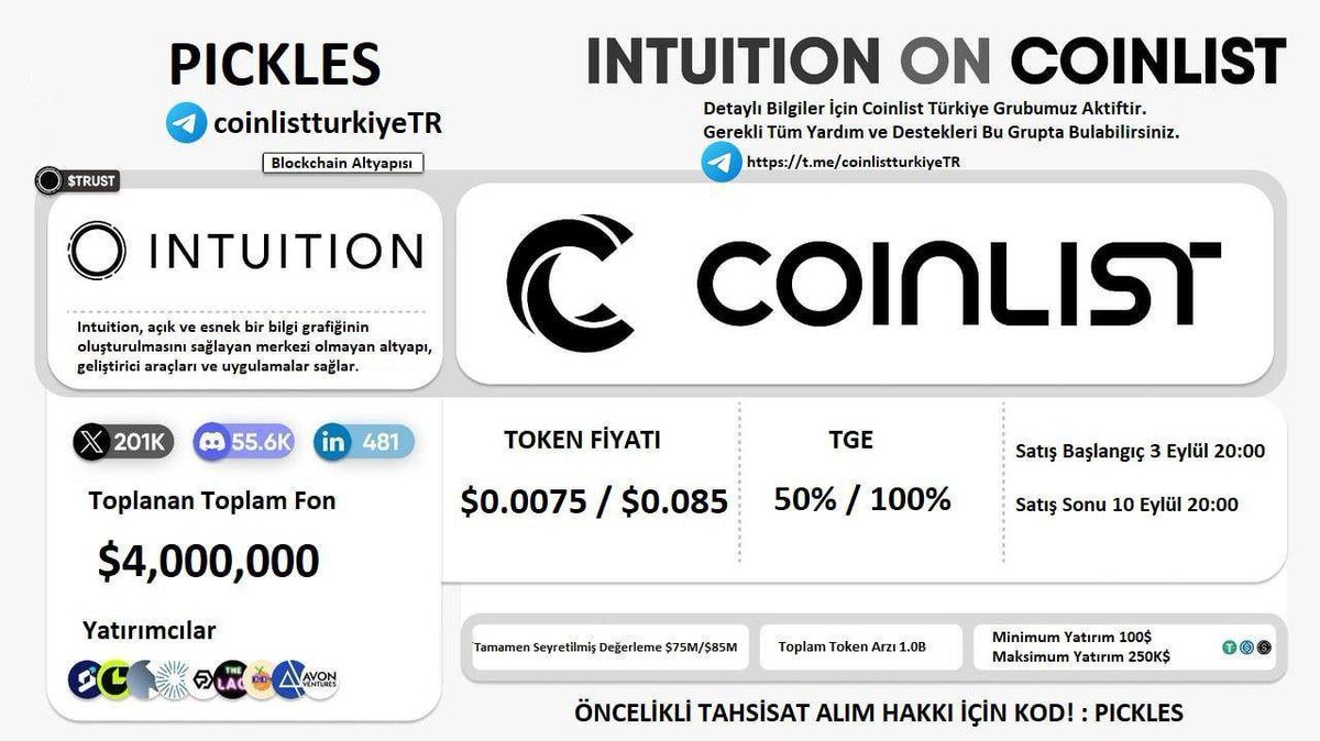 Intuition  Ön Satışı CoinList  Üzerinde Başladı. 
Detaylı Bilgiler İçin Coinlist Türkiye Grubumuz Aktiftir.
Telegram coinlistturkiyeTR

ÖNCELİKLİ ALIM KODU : PICKLES 

Proje Hakkında Detaylıar ve Coinlist Hakkında Yardım Destek İçin Telegram Kanalımıza Katılmayı Unutmayın.
