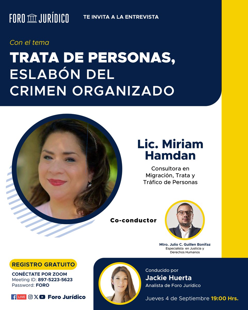 Trata de personas, eslabón del crimen organizado
<a href="/JackieHuerta_/">JackieHuerta</a> y <a href="/julioguillen/">Julio Guillen</a> platicarán con <a href="/MiriamHamdan/">Miriam Hamdan</a> Consultora en Migración, Trata y Tráfico de Personas

🗓️Jueves 4 de septiembre⏰7PM
Regitro gratuito👉us02web.zoom.us/webinar/regist…
También por FB live