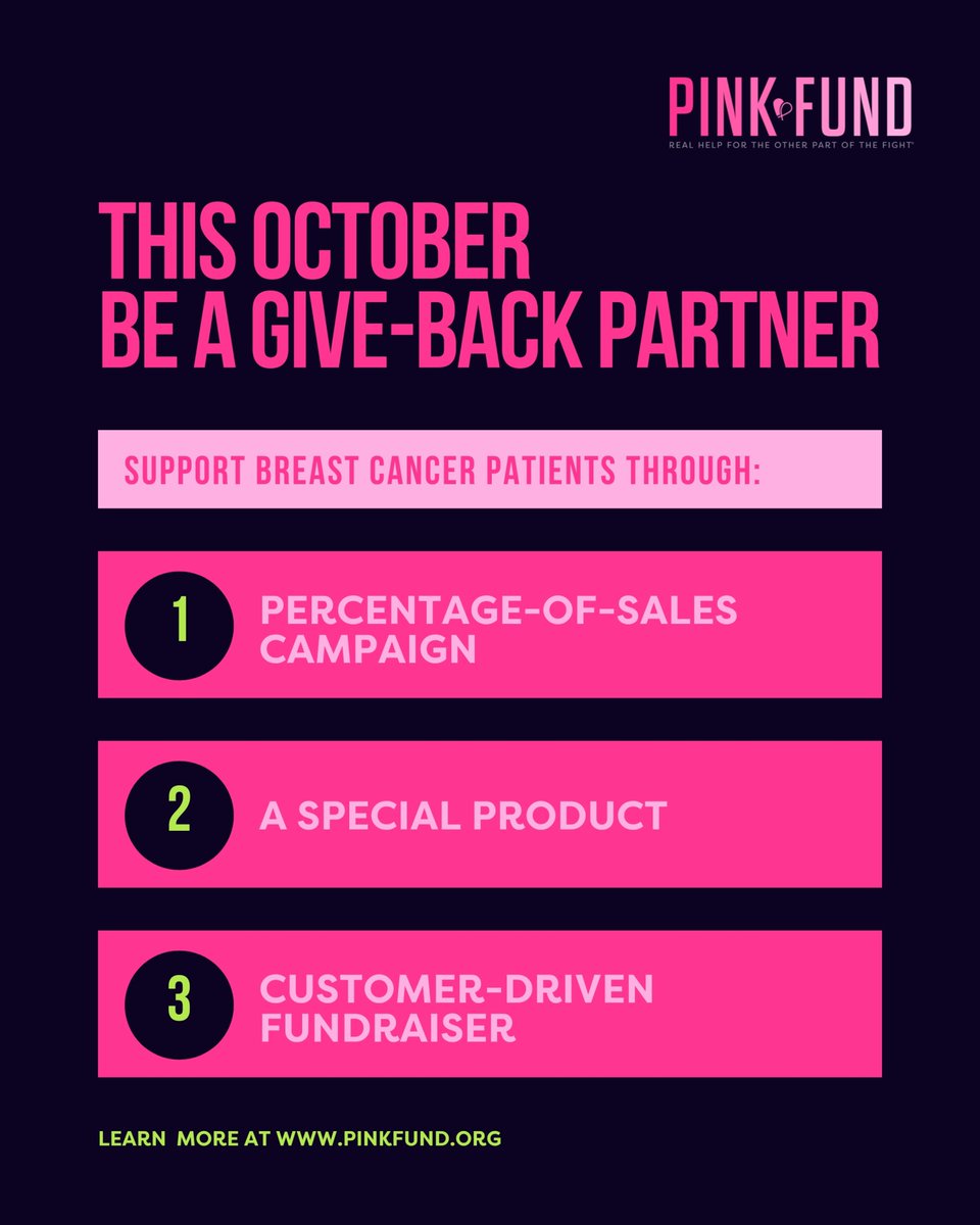 This October, your business can be a give-back partner with Pink Fund—providing breast cancer patients in treatment with 90 days of critical financial support. 💗 Stand with patients when they need it most and help deliver Real Help Now.