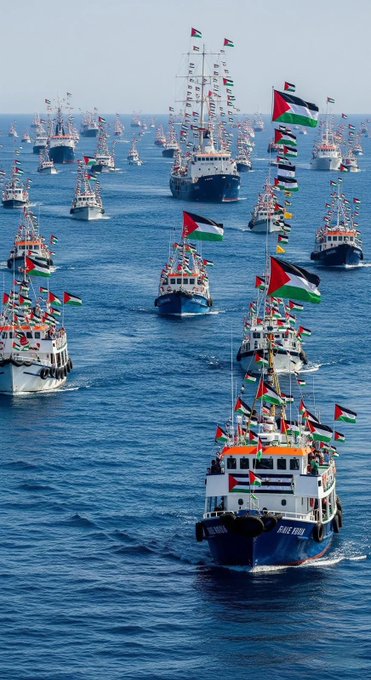 Numerous boats and ships on the sea, adorned with Palestinian flags. The vessels vary in size, with some larger ships and smaller fishing boats visible. The water is calm and blue, extending to the horizon under a clear sky.