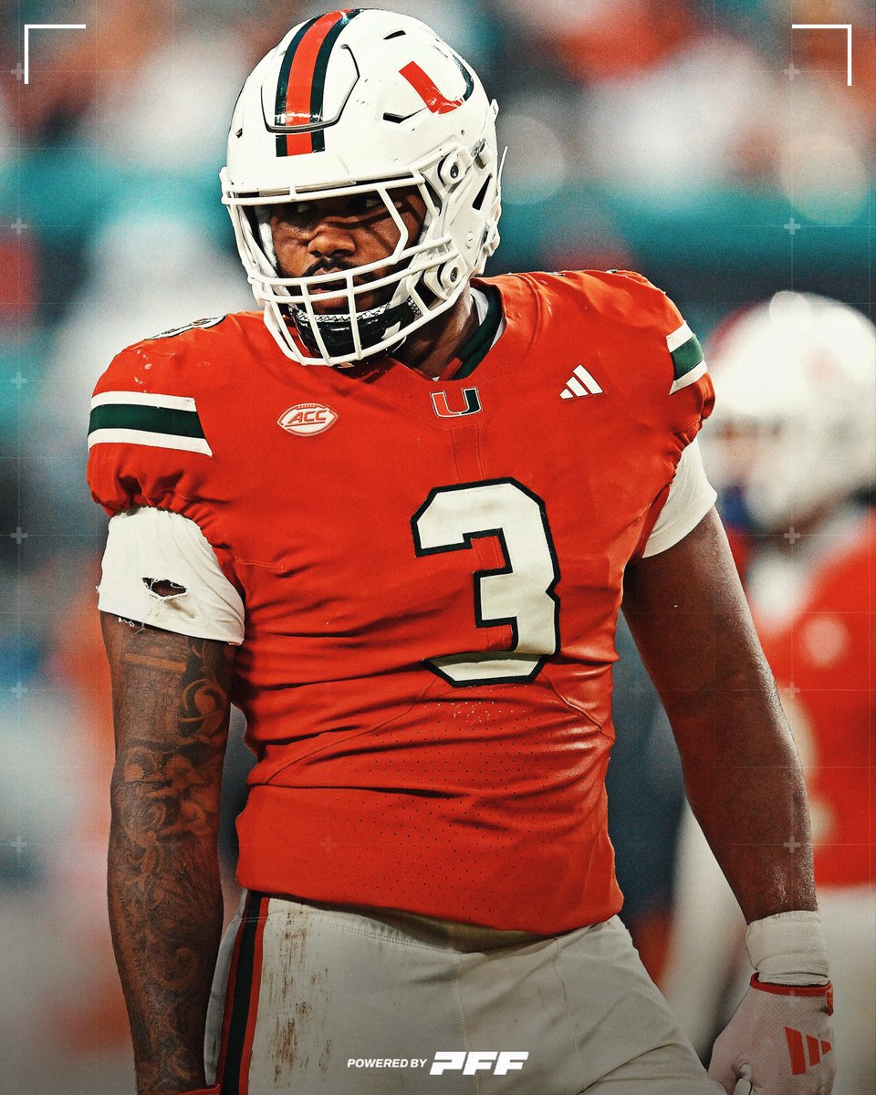 PFF_College's tweet photo. Miami EDGE Akheem Mesidor in Week 1:

🙌 1.5 Sacks
🙌 4 QB Pressures
🙌 91.0 Pass Rush Grade
🙌 37% Win Rate

@CanesFootball https://t.co/O2ccaE00ql