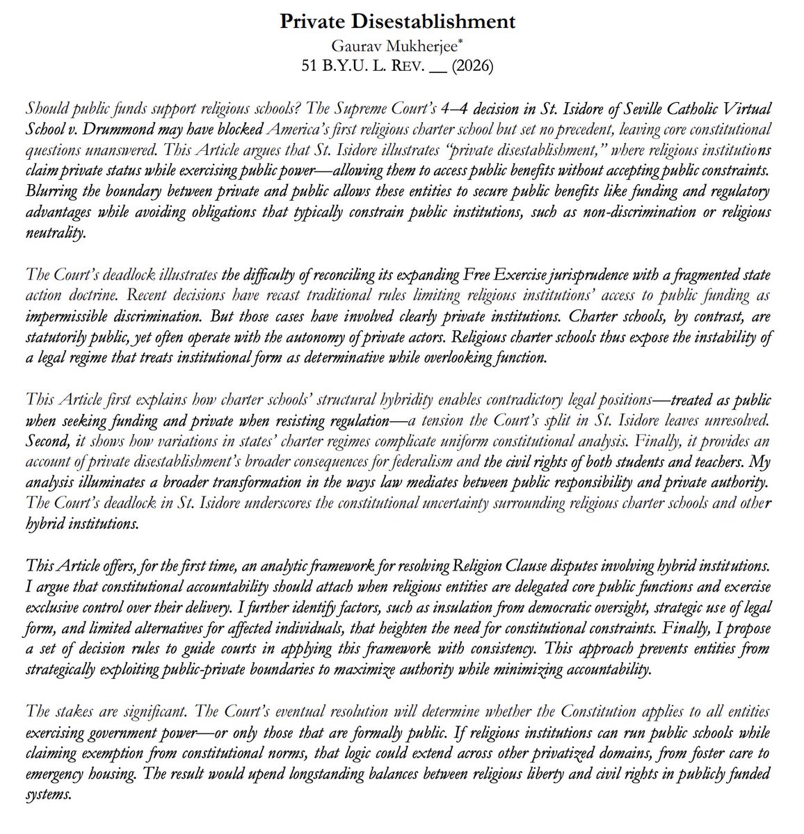Gaurav Mukherjee (@gaurav_mkjee) on Twitter photo Thanks for the “recommended” tag, Larry! 
Excited to share my job-market paper, which uses the recent religious charter school case to show how faith-based entities secure public funds while sidestepping constitutional limits—a phenomenon I term “private disestablishment.” Thanks for the “recommended” tag, Larry! 
Excited to share my job-market paper, which uses the recent religious charter school case to show how faith-based entities secure public funds while sidestepping constitutional limits—a phenomenon I term “private disestablishment.”