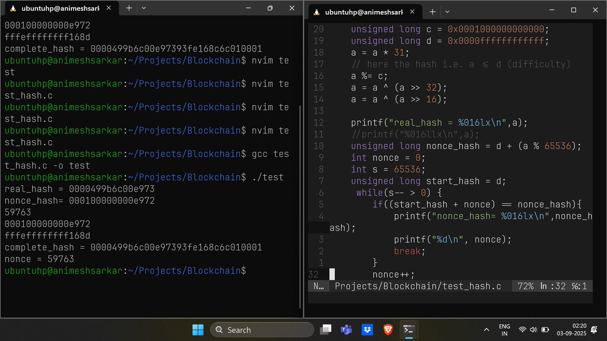 animeshsarkar_'s tweet image. Completed building my NSH-128 (Not so Secure Hash) a 128-bit hash function for my blockchain project. It's definitely not a secure one, but it can be considered for this project.
#Blockchain #CProgramming #HashFunction #Cryptography #BlockchainDevelopment #Bitcoin #SHA256