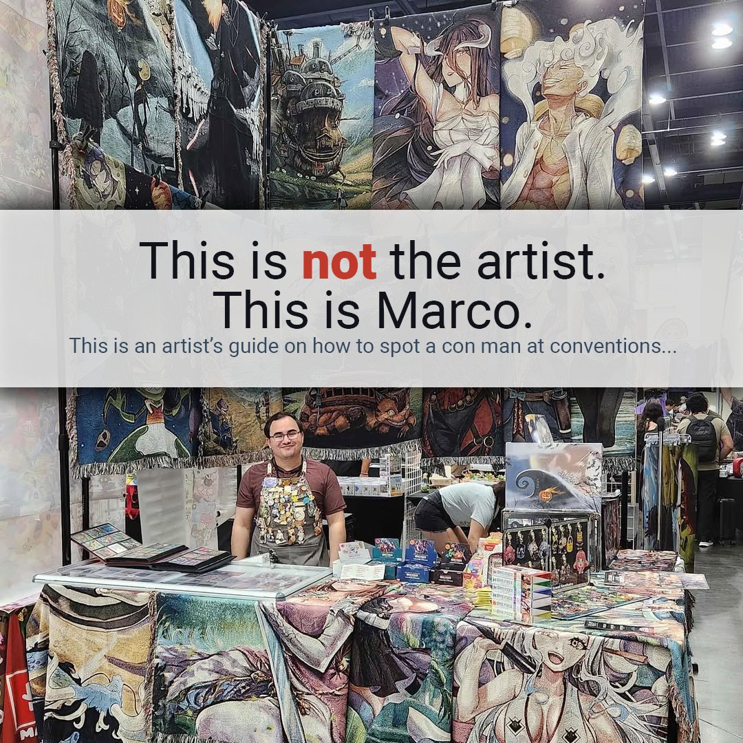 If you are a regular at conventions, I’m sure you’ve run into a booth named Salami Productions. This booth is run by a man named Marco. Marco regularly booths at Artist Alley, and has woven art displayed all over their booth alongside spicy stickers.