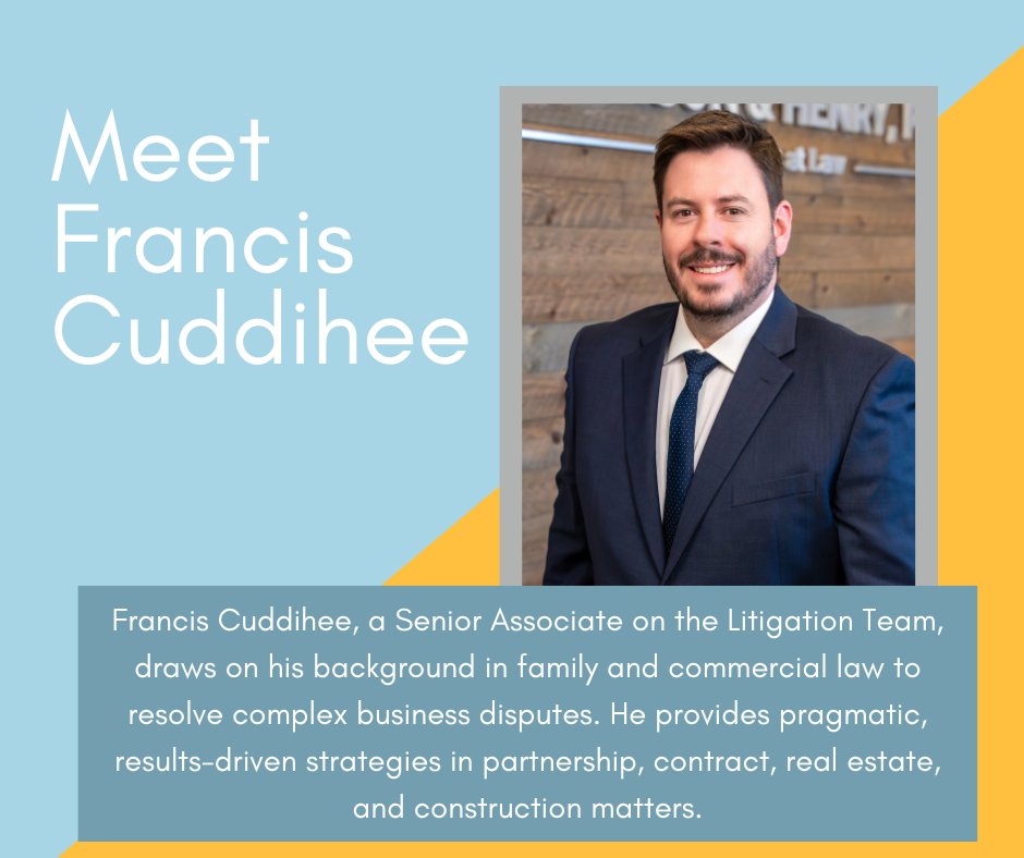 RobinsonHenry's tweet image. Meet Senior Associate Francis Cuddihee, a problem-solver who helps clients navigate business disputes with clarity and confidence, from contract conflicts to construction issues.📅 Book a consultation today: robinsonandhenry.com/schedule-consu…
#BusinessLaw #LitigationAttorney #ContractLaw