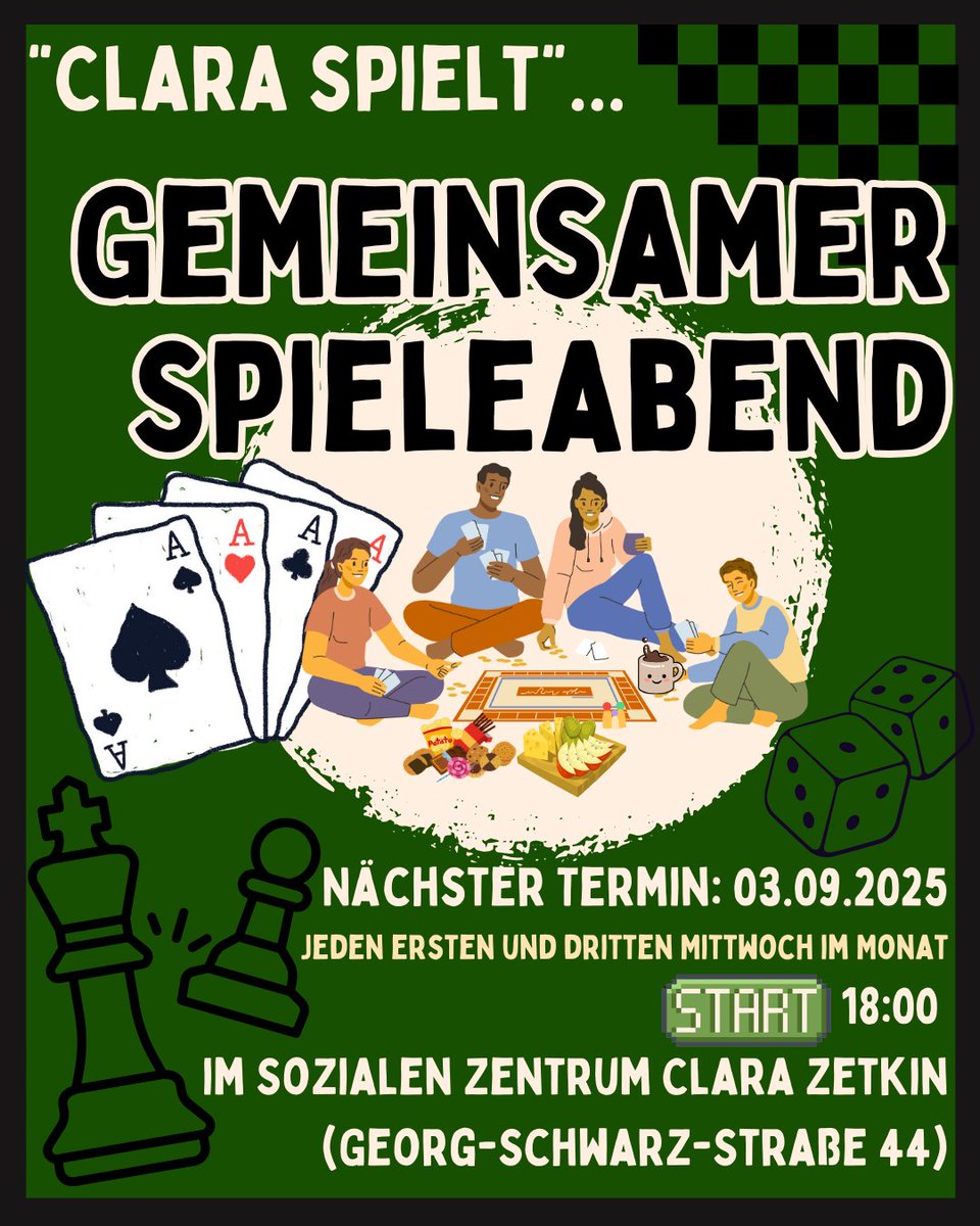 solinetzleipzig's tweet image. 🎲 SPIELEABEND IM SZ 🎲

Gemeinsam mit dem SZ Clara Zetkin veranstalten wir heute unseren #Spieleabend. Wir kommen als Nachbarschaft zusammen und lernen uns beim gemeinsamen Spielen kennen.

Kommt rum!

📅 Mi, 3.9.
🕖 18 Uhr
📍 SZ Clara Zetkin, Georg Schwarz 44

#Leipzig