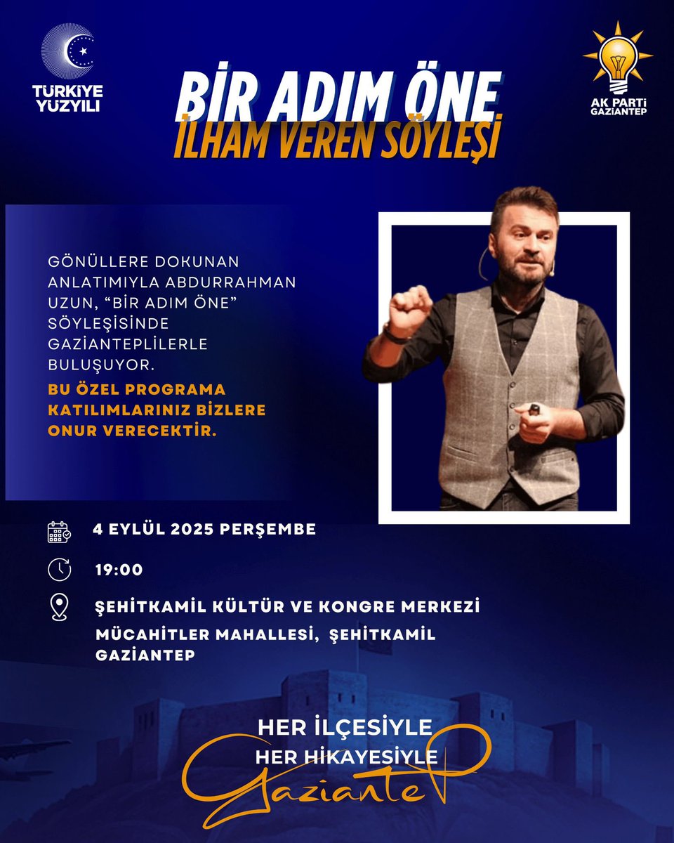 fmfedaioglu's tweet photo. 📢 Gaziantep’imizin kıymetli hemşehrileri,

4 Eylül Perşembe günü saat 19.00’da Şehitkamil Kültür ve Kongre Merkezi’nde Abdurrahman Uzun’un “Bir Adım Öne” söyleşisinde buluşuyoruz.

Gönüllere dokunan bu anlamlı programa katılımınız bizlere güç ve onur verecektir. 

@uzunabdurrahman 
@AKPartiG_Antep
@AKGMTeskilat 
@akparti